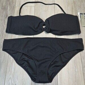 J. Crew Textured O-ring Halter Bikini Set Full Coverage Bottom Women's 2X Black